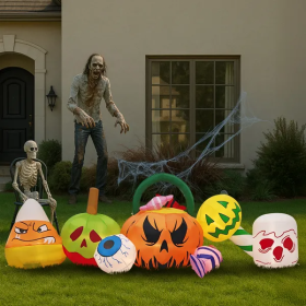 8FT Long Halloween Inflatables Pumpkins Eyeball Candy Outdoor Decorations, Blow Up Yard Decoration With Built-in LEDs Lighted For Lawn Garden Outside