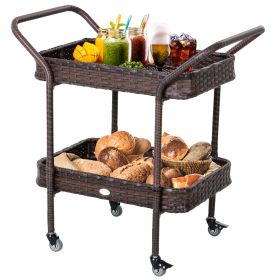 Rattan Wicker Outdoor  Rolling Serving Cart With 2 Tray Shelves, Brown