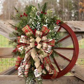Christmas Red Wagon Wheel Wreath | Vintage Front Door Garland with Artificial Flowers for Indoor & Outdoor Holiday Décor