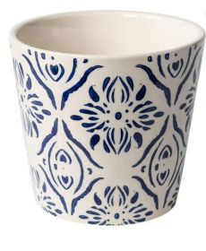 Mainstays 5.9'D x 5.43'H Round Ceramic Blue Medallion Planter, White