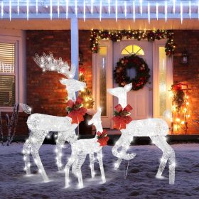 3PCS Family Reindeer Christmas Decoration with Golden Iron Frame & Cotton Thread – Lighted Holiday Yard Elk Ornaments