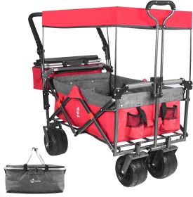 Collapsible Wagon 140L Wagons Carts Foldable with Removable Canopy, Folding Wagon Cart with Wheels for All-Terrain with Brake