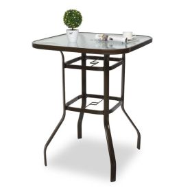 31 Inch Patio Bar Table, Square Outdoor Bar Height Bistro Table with Tempered Glass Tabletop & Umbrella Hole