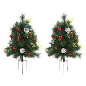 22.5-Inch Pre-Lit Artificial Pine Trees (2-Pack) | Cordless Outdoor Christmas Trees with 24 Warm White LED Lights & Decorative Accents