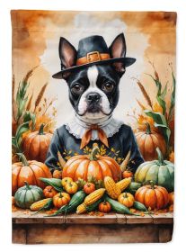 Boston Terrier Thanksgiving House Flag Large Porch Sleeve Pole Decorative Outside Yard Banner Artwork Wall Hanging, Polyester, House Size, Multicolor