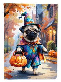 Pug Halloween Trick or Treat House Flag Large Porch Sleeve Pole Decorative Outside Yard Banner Artwork Wall Hanging, Polyester, House Size, Multicolor