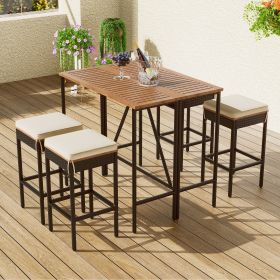 5-Piece Bar-Height Patio Dining Set – Acacia Wood & Wicker with Cushions and Foldable Table