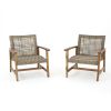 Outdoor Acacia Wood Wicker Club Chairs with Acacia Wood Frame, 2-Pcs Set