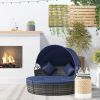 Outsunny Rattan Canopied Daybed 4pc Outdoor Patio Lounger Sofa Set Plush Cushions Mocha Brown