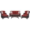 6-Piece Brown Resin Wicker Patio Lounge Set – Sofa, Chairs, Ottomans & Coffee Table with Red Cushions