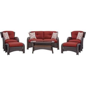 6-Piece Brown Resin Wicker Patio Lounge Set – Sofa, Chairs, Ottomans & Coffee Table with Red Cushions