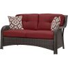 6-Piece Brown Resin Wicker Patio Lounge Set – Sofa, Chairs, Ottomans & Coffee Table with Red Cushions