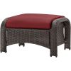 6-Piece Brown Resin Wicker Patio Lounge Set – Sofa, Chairs, Ottomans & Coffee Table with Red Cushions