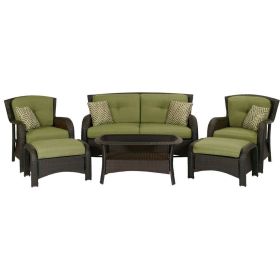 6-Piece Outdoor Resin Wicker Patio Set – Sofa, Chairs, Ottomans & Coffee Table with Green Cushions