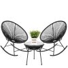 3-Piece Oval Woven Rocking Bistro Set – Black Rope Chairs & Round Table