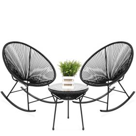 3-Piece Oval Woven Rocking Bistro Set – Black Rope Chairs & Round Table