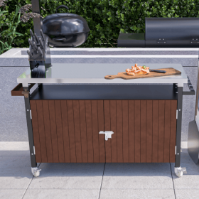 Outdoor Grill Cart With Stainless Steel Tabletop, Storage, Patio Kitchen Island With Wheels, Hooks, And Spice Rack, Waterproof Outdoor Grill Table, Mo (Color: Brown)