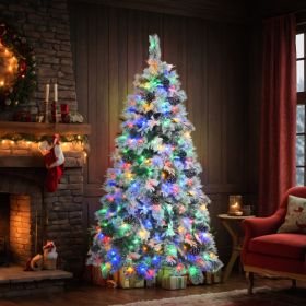 6FT Pre-Lit Spruce Snow Flocked Christmas Tree With Pine Cones, Artificial Xmas Tree With 403 Branch Tips,Mixed PE  PVC Branches, 250 Multi-Color LED (Option: WhiteGreen)