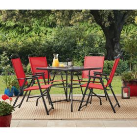 5-Piece Outdoor Dining Set – Black & Red Sling Chairs with Glass Table (Color: Red)