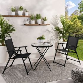 3-Piece Folding Bistro Set – Sling Chairs & Glass Table for Outdoor Living (Color: Black)