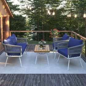 4-Piece Patio Furniture Set – Deep Seating Outdoor Sofa with Acacia Wood Table & Thick Cushions (Color: Navy Blue)