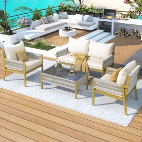 4-Piece Outdoor Rope Patio Furniture Set with Tempered Glass Table & Thick Cushions (Color: Beige+yellow)