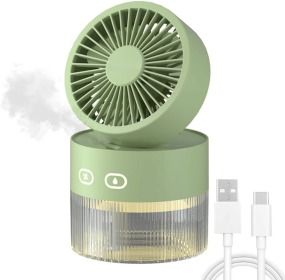 3 in 1 Personal Cooling Fan with LED Night Light & 350ml Small Air Humidifier, USB Charging Desktop Fan Humidifier for Office/Small Room,Battery - Pow (Color: Green)
