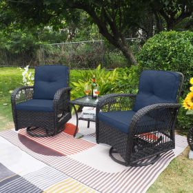 360-Degree Patio Wicker Swivel Rocker Chairs Set;  Outdoor Rattan Rocking Bistro Sets with Cushions and Table (Color: Navy Blue)