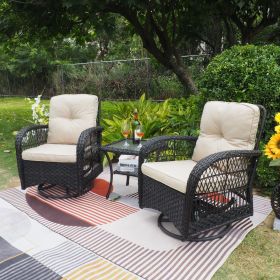 360-Degree Patio Wicker Swivel Rocker Chairs Set;  Outdoor Rattan Rocking Bistro Sets with Cushions and Table (Color: Khaki)