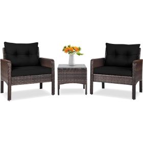 3 Piece Brown PE Rattan Outdoor Dining Patio Furniture Set (Option: Black Cushions)