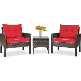 3 Piece Brown PE Rattan Outdoor Dining Patio Furniture Set (Option: Red Cushions)