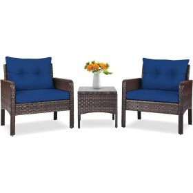 3 Piece Brown PE Rattan Outdoor Dining Patio Furniture Set (Option: Blue Cushions)